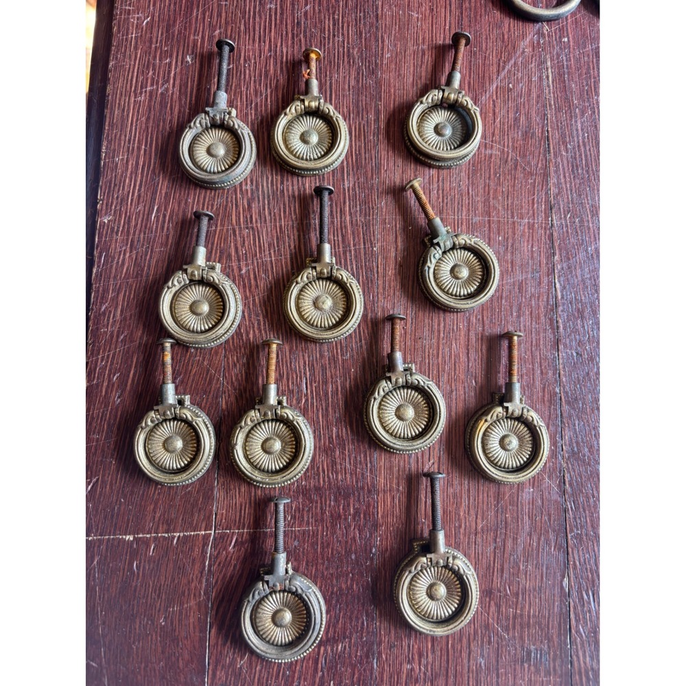 Set of 12 Vintage KBC N6375 Brass Ring Pulls Sunburst Furniture Drawer Hardware